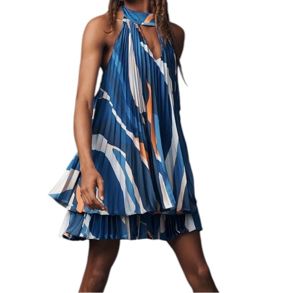 Anthropologie Hutch Blue/White/Orange Abstract Print Pleated Halter Romp…